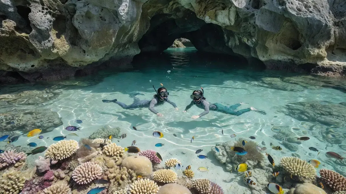 Snorkelers over the shallow coral reef near the Blue Cave on an ishigaki snorkeling tour in Okinawa, Japan