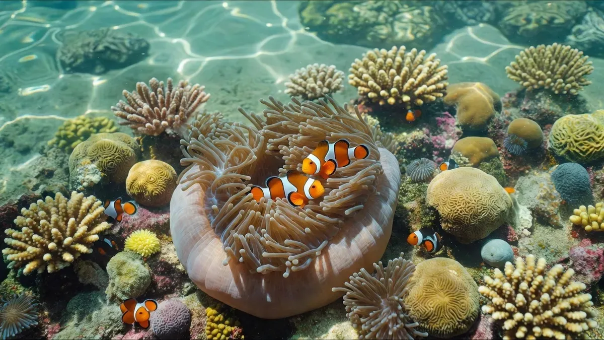 Clownfish sheltering in an anemone on a shallow coral reef during an ishigaki snorkeling tour in Okinawa, Japan