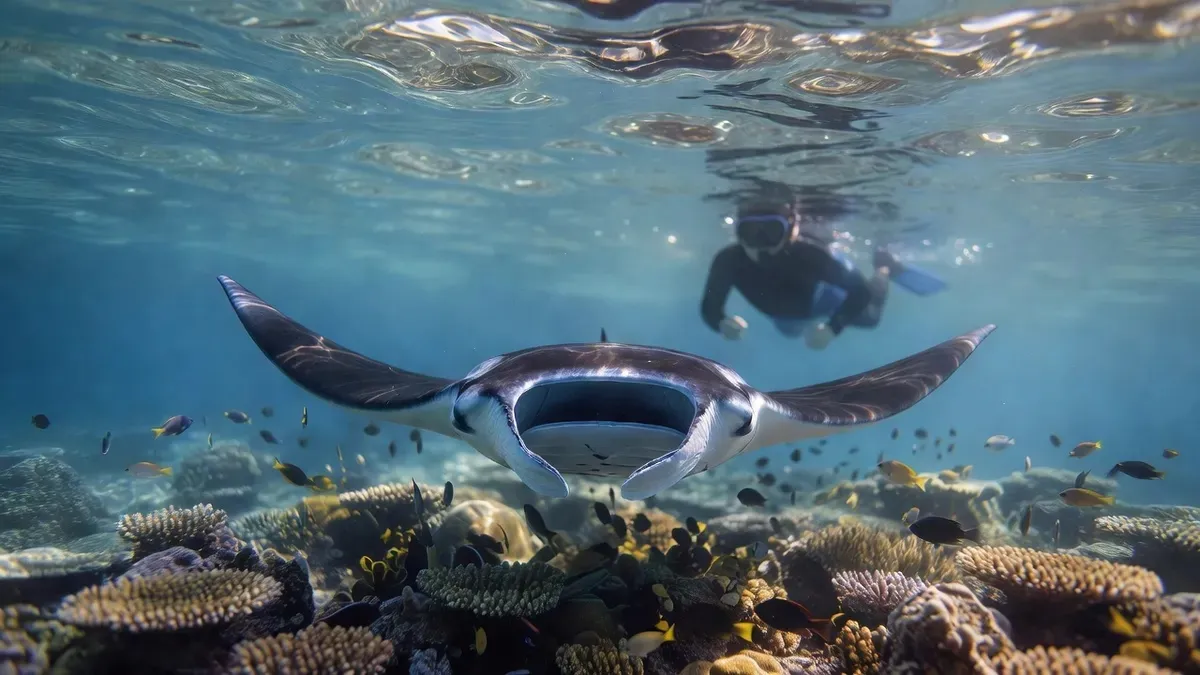 A manta ray gliding over a cleaning station near Kabira on an ishigaki snorkeling and boat tour in Okinawa, Japan