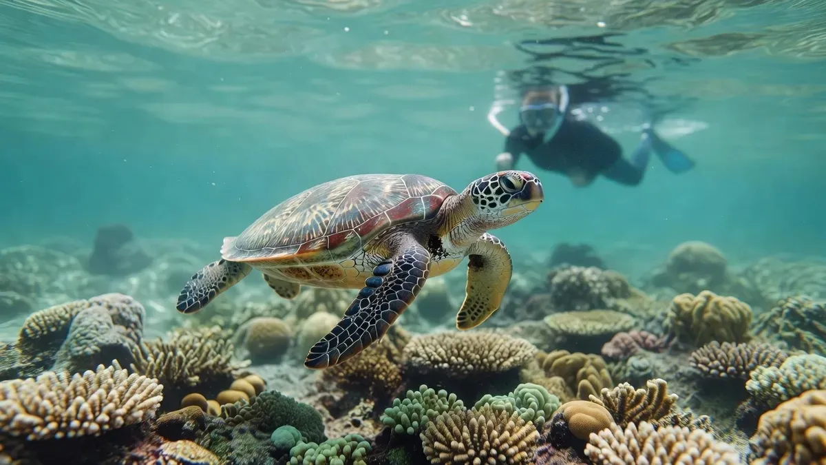 Green sea turtle gliding over coral on an ishigaki snorkeling tour off Yonehara Beach in Okinawa, Japan